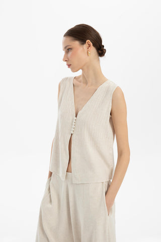 Ribbed Linen Blend Buttoned Vest - Natural / S/M - Vest
