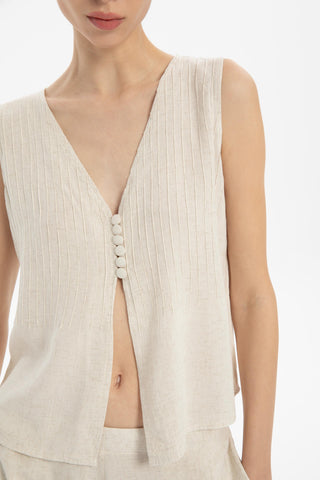 Ribbed Linen Blend Buttoned Vest - Vest