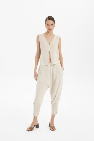Ribbed Linen Blend Buttoned Vest - Vest
