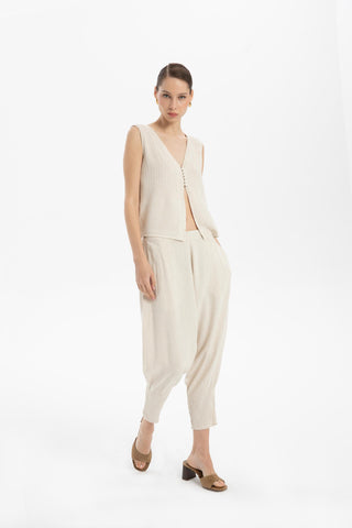 Ribbed Linen Blend Buttoned Vest - Vest