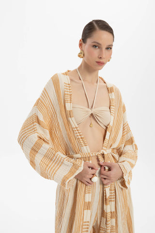 Striped Etamine Textured Kimono - Kimono