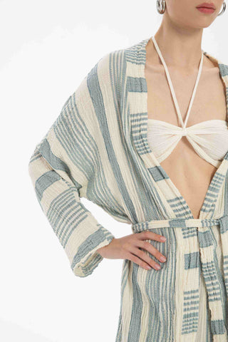 Striped Etamine Textured Kimono - Kimono