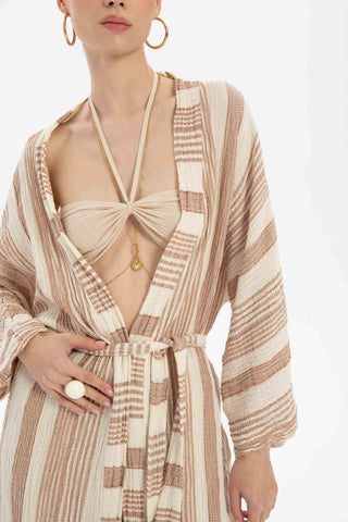 Striped Etamine Textured Kimono - Kimono