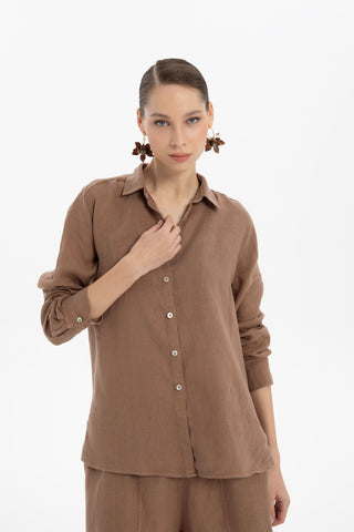 Linen Classic Cut Casual Women’s Shirt - Brown / S/M - Shirt