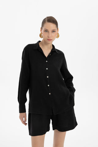 Linen Classic Cut Casual Women’s Shirt - Black / S/M - Shirt
