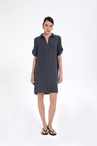 Classic Collared Linen Tunic Dress with Pockets - Dress