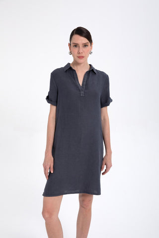 Classic Collared Linen Tunic Dress with Pockets - Dress