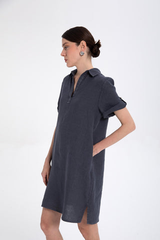 Classic Collared Linen Tunic Dress with Pockets - Dress