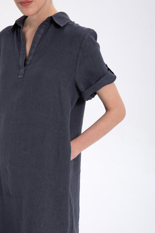 Classic Collared Linen Tunic Dress with Pockets - Dress