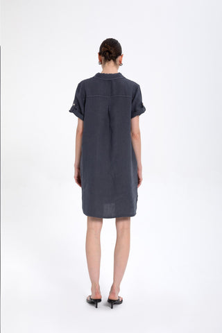 Classic Collared Linen Tunic Dress with Pockets - Dress
