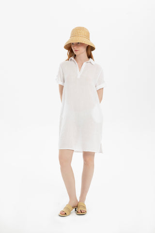 Classic Collared Linen Tunic Dress with Pockets - White / S/M - Dress
