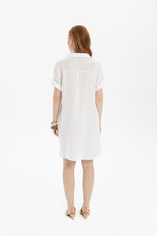 Classic Collared Linen Tunic Dress with Pockets - Dress