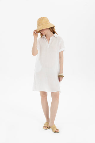 Classic Collared Linen Tunic Dress with Pockets - Dress
