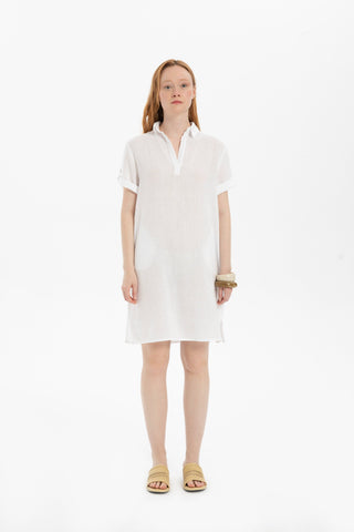 Classic Collared Linen Tunic Dress with Pockets - Dress