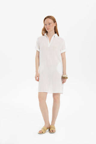Classic Collared Linen Tunic Dress with Pockets - Dress