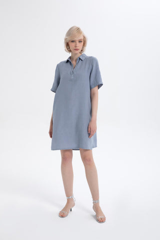 Classic Collared Linen Tunic Dress with Pockets - Ice Blue / S/M - Dress