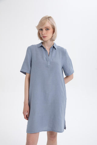 Classic Collared Linen Tunic Dress with Pockets - Dress