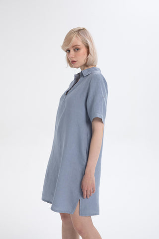 Classic Collared Linen Tunic Dress with Pockets - Dress
