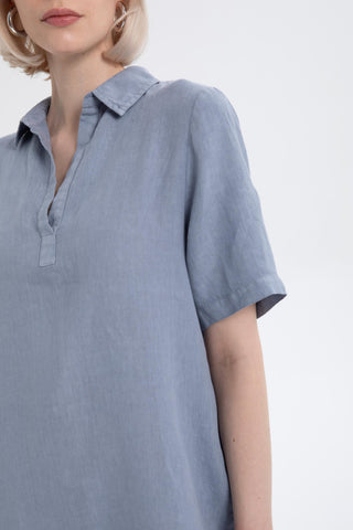 Classic Collared Linen Tunic Dress with Pockets - Dress