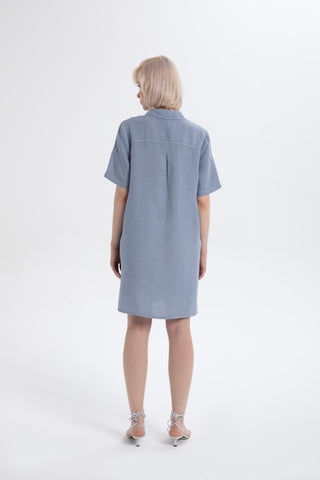 Classic Collared Linen Tunic Dress with Pockets - Dress