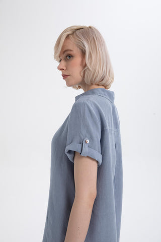 Classic Collared Linen Tunic Dress with Pockets - Dress