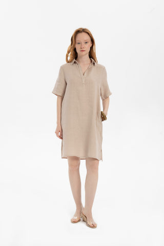 Classic Collared Linen Tunic Dress with Pockets - Dress
