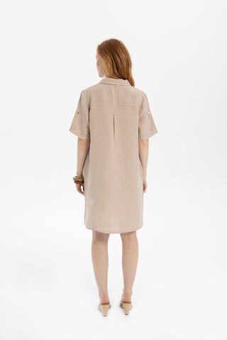 Classic Collared Linen Tunic Dress with Pockets - Dress
