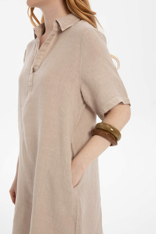 Classic Collared Linen Tunic Dress with Pockets - Dress