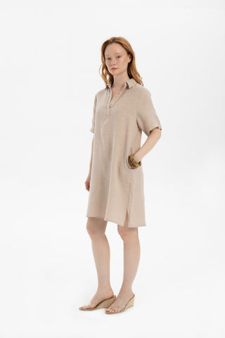 Classic Collared Linen Tunic Dress with Pockets - Dress