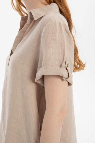 Classic Collared Linen Tunic Dress with Pockets - Dress
