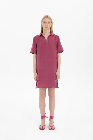 Classic Collared Linen Tunic Dress with Pockets - Fuchsia / S/M - Dress