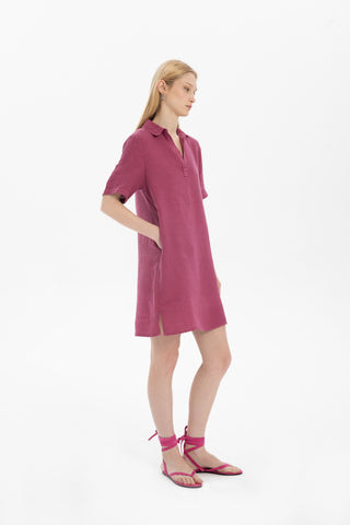 Classic Collared Linen Tunic Dress with Pockets - Dress