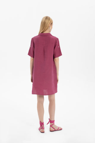 Classic Collared Linen Tunic Dress with Pockets - Dress