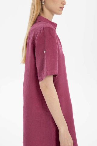 Classic Collared Linen Tunic Dress with Pockets - Dress