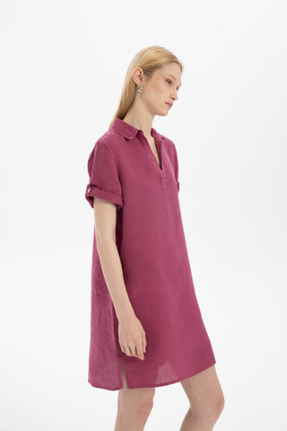 Classic Collared Linen Tunic Dress with Pockets - Dress