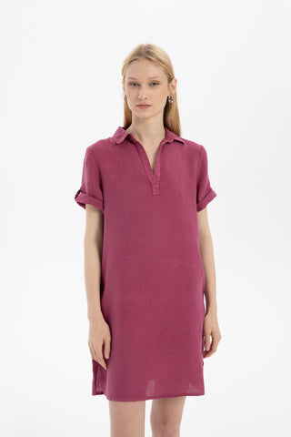 Classic Collared Linen Tunic Dress with Pockets - Dress