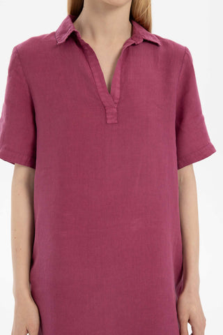 Classic Collared Linen Tunic Dress with Pockets - Dress