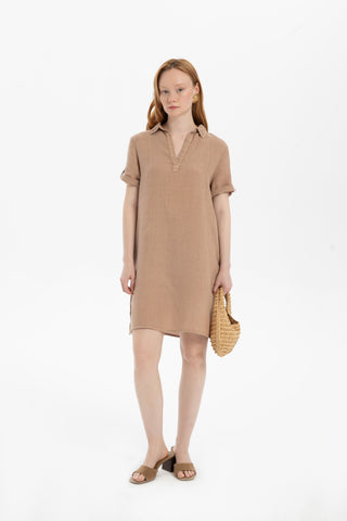 Classic Collared Linen Tunic Dress with Pockets - Mocha / S/M - Dress
