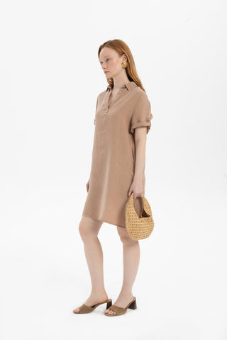 Classic Collared Linen Tunic Dress with Pockets - Dress