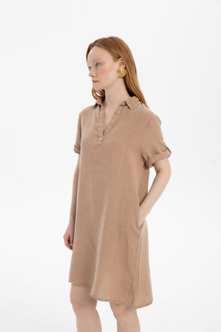 Classic Collared Linen Tunic Dress with Pockets - Dress