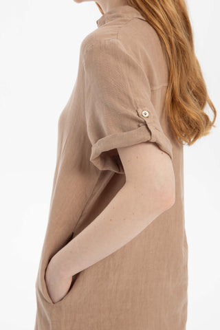 Classic Collared Linen Tunic Dress with Pockets - Dress