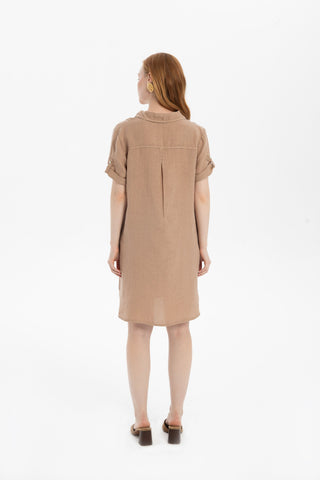 Classic Collared Linen Tunic Dress with Pockets - Dress