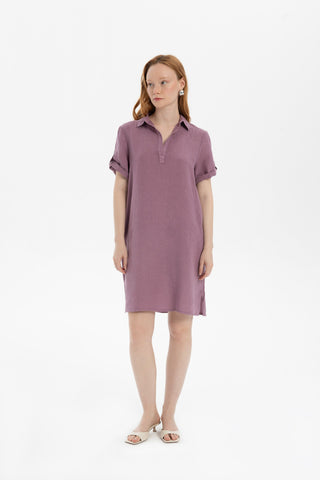 Classic Collared Linen Tunic Dress with Pockets - Purple / S/M - Dress