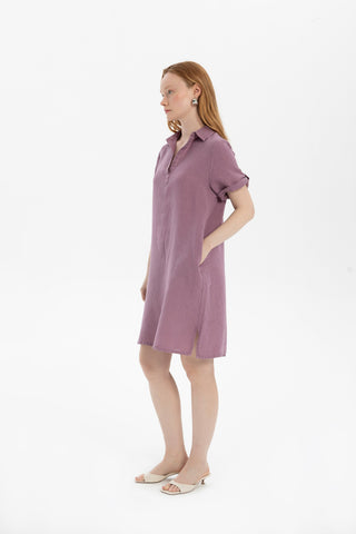 Classic Collared Linen Tunic Dress with Pockets - Dress