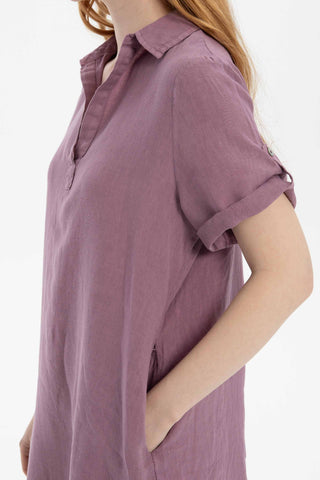 Classic Collared Linen Tunic Dress with Pockets - Dress