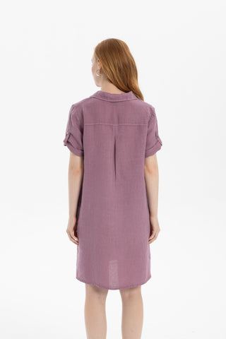 Classic Collared Linen Tunic Dress with Pockets - Dress