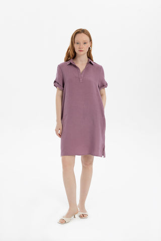 Classic Collared Linen Tunic Dress with Pockets - Dress