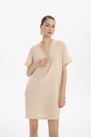V-Neck Linen Oversize Tunic Dress - Beige / S/M - Dress