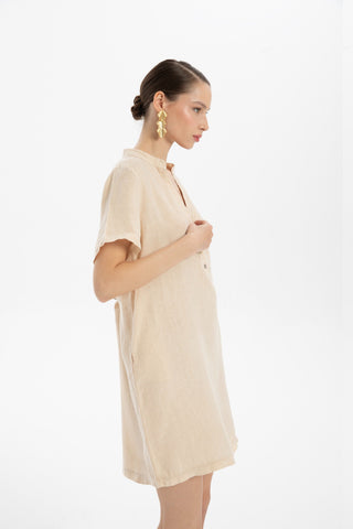 V-Neck Linen Oversize Tunic Dress - Dress