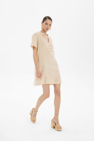 V-Neck Linen Oversize Tunic Dress - Dress